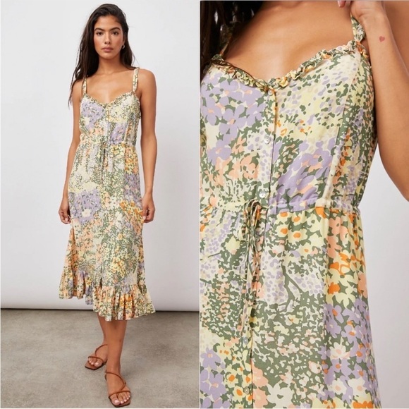 Evereve Rails Adalyn Midi Dress in Gardenia Floral Print Green Yellow Ruffle S - Picture 13 of 16